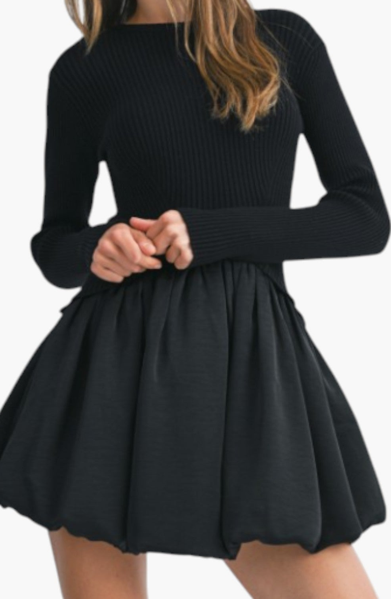 Modenaire Knit and Woven Fit-and-Flare Mini Dress with Ribbed Long Sleeve Top, Alternate, color, 