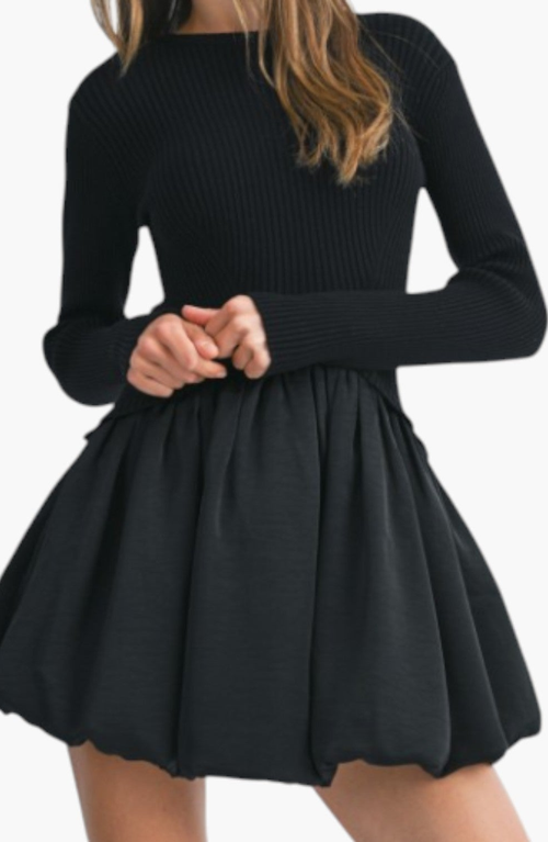 Modenaire Knit And Woven Fit-and-flare Mini Dress With Ribbed Long Sleeve Top In Black