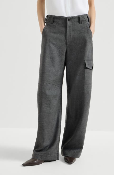 Virgin wool twill cargo barrel trousers with monili
