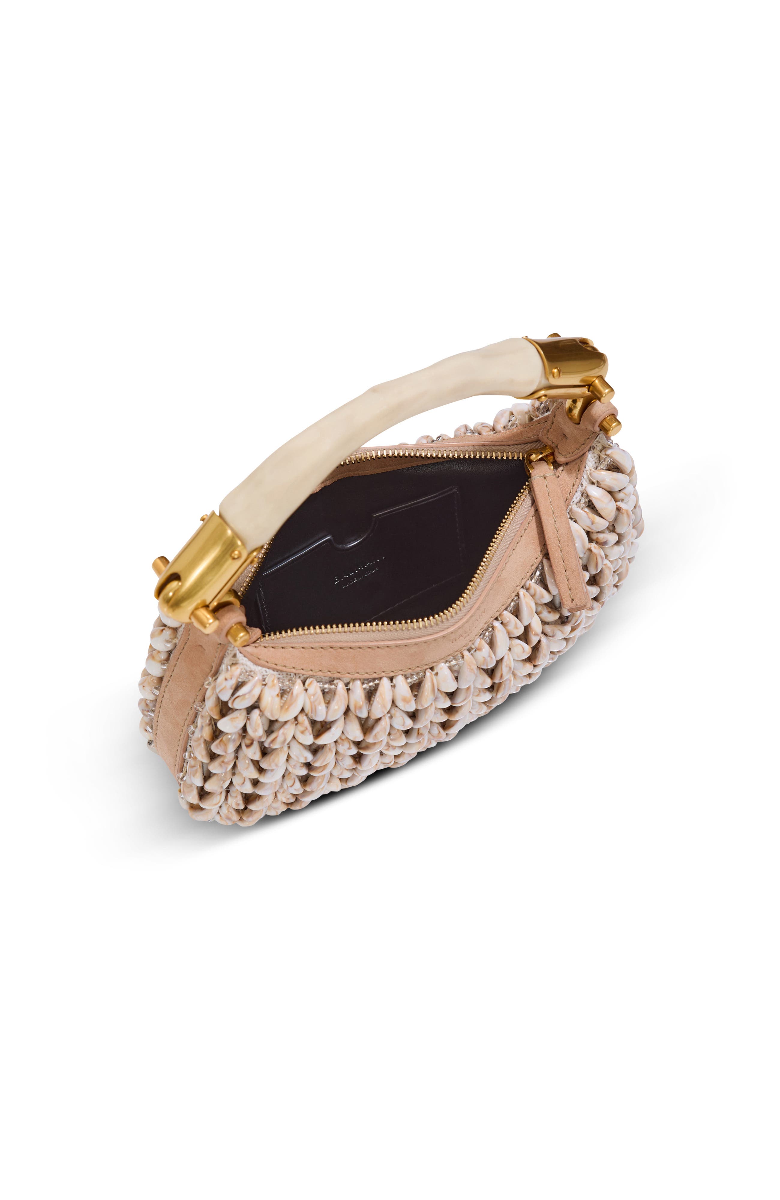 Balmain Ebene Mini bag in suede and shells, Alternate, color, Beige