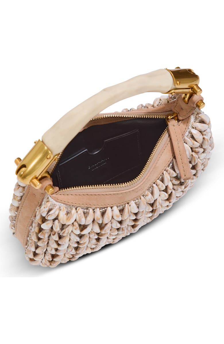 Balmain Ebene Mini bag in suede and shells, Alternate, color, Beige