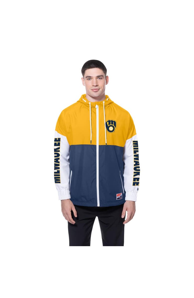New Era Men's New Era  Navy/Gold Milwaukee Brewers Color Block Full-Zip Hoodie Windbreaker, Alternate, color, 