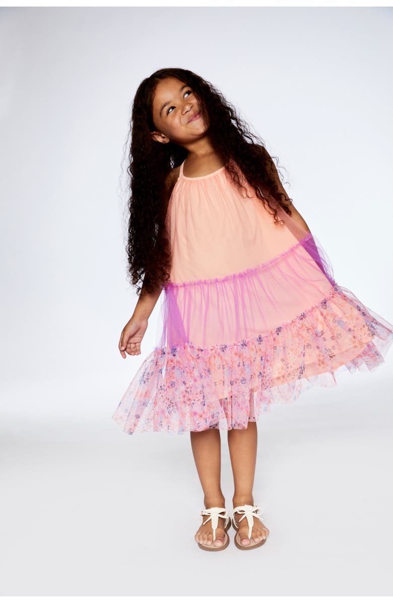 Deux par Deux Girl's Sleeveless Colorblock Mesh Dress Lavender And Salmon, Alternate, color, 