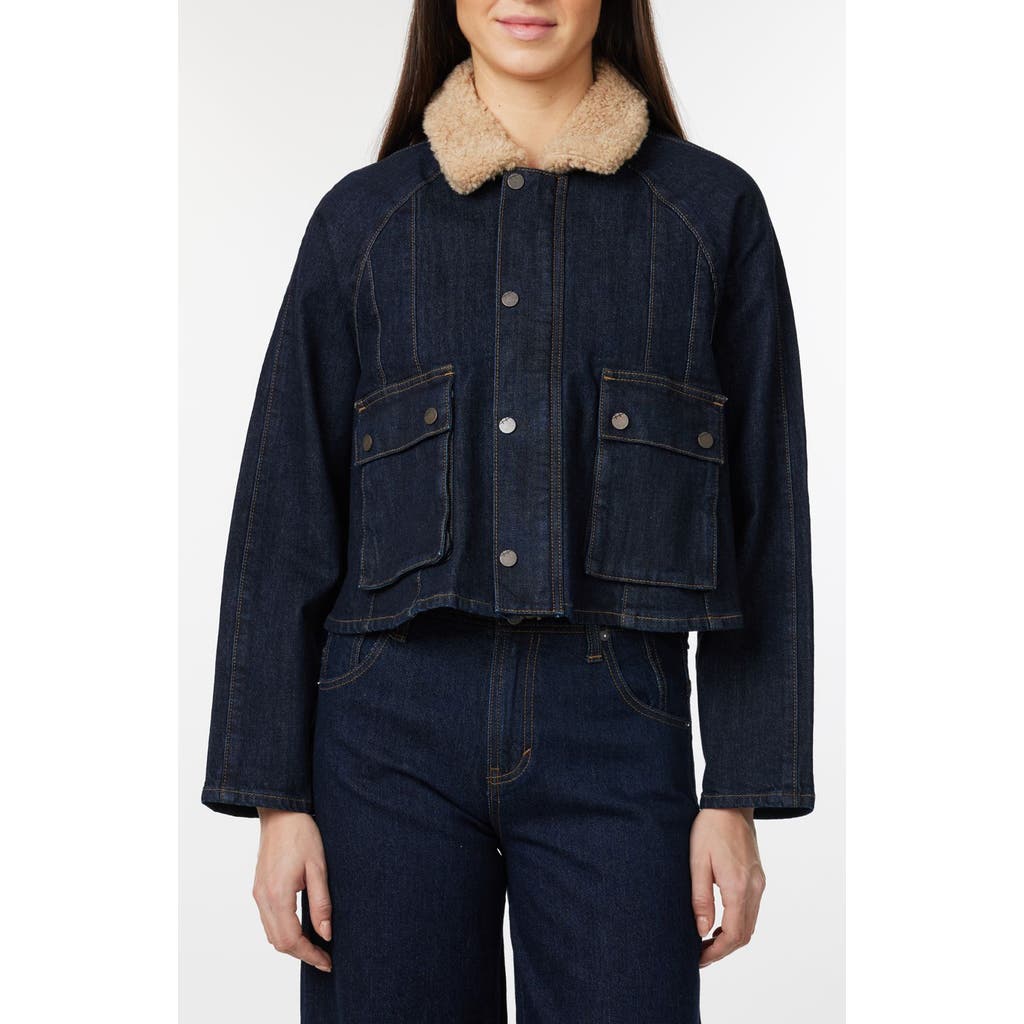 Habitual Faux Shearling Collar Crop Barn Jacket In Blue