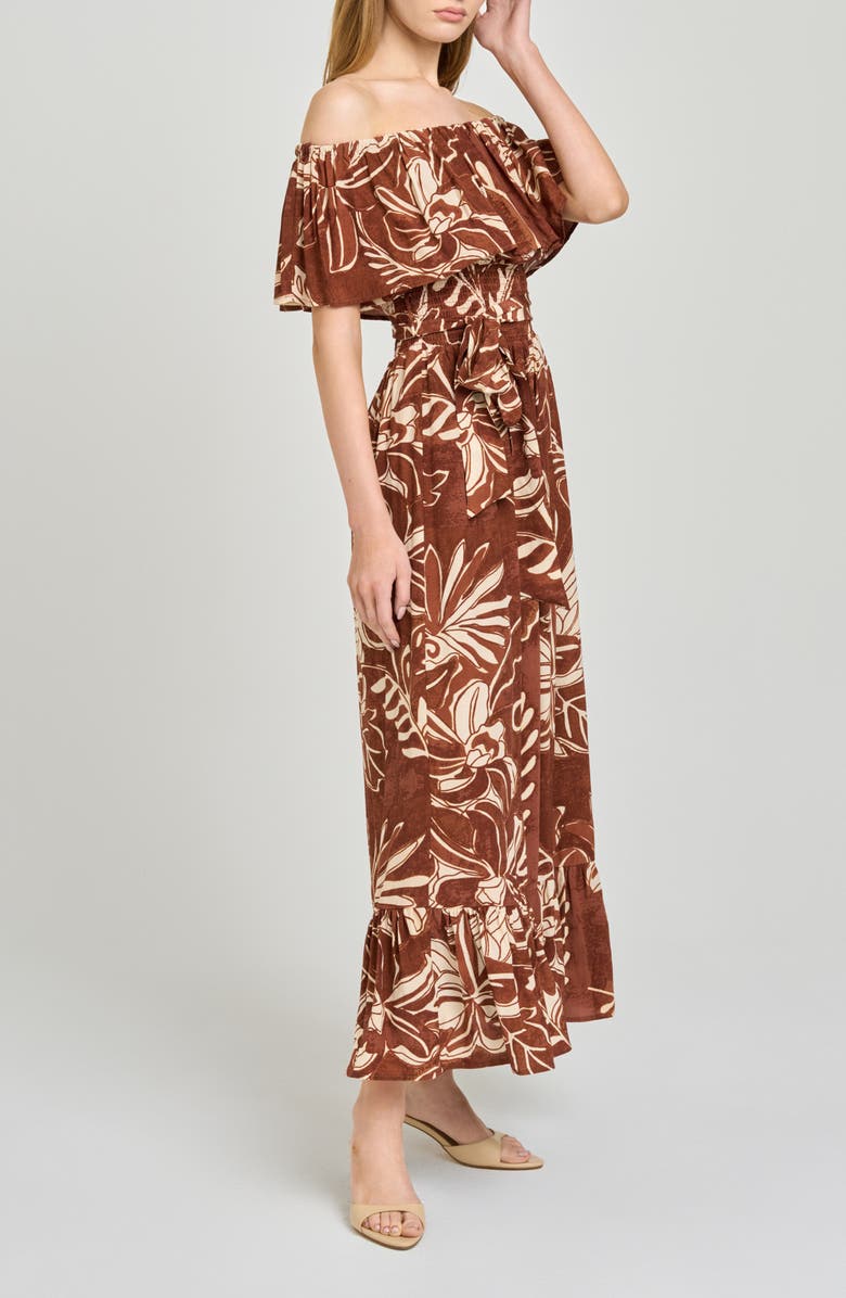 WAYF Indie Floral Print Off the Shoulder Maxi Dress, Alternate, color, Chocolate Batik