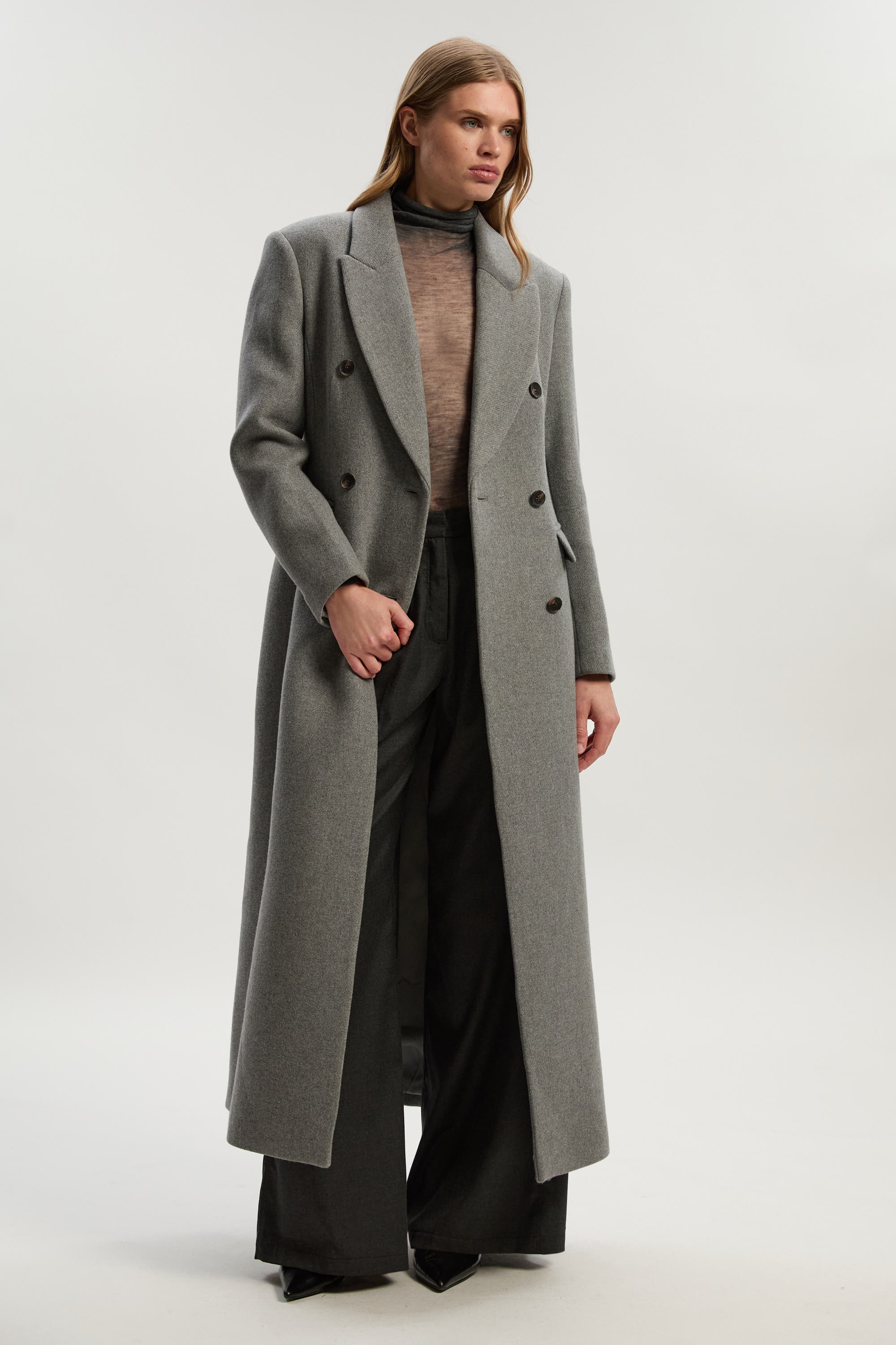 Karen Millen Wool Double Breasted Tailored Maxi Coat In Gray