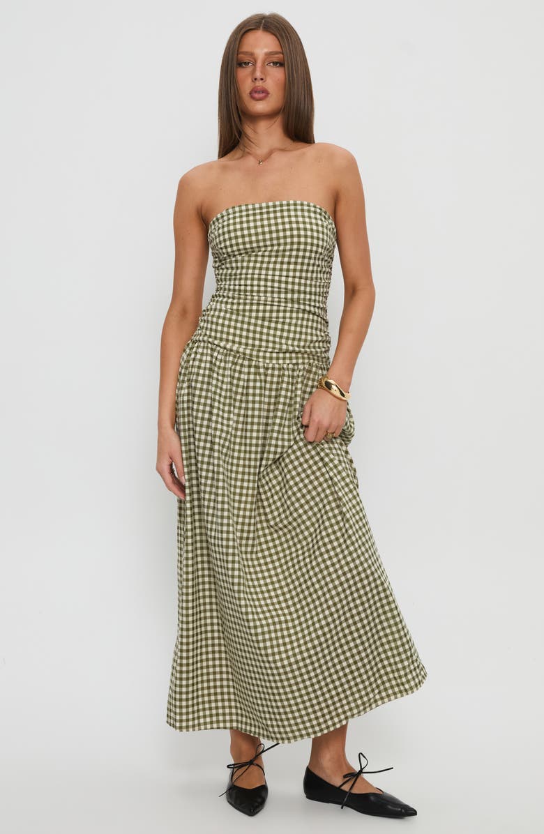 Princess Polly Frankey Strapless Gingham Drop Waist Maxi Dress, Alternate, color, Green Check