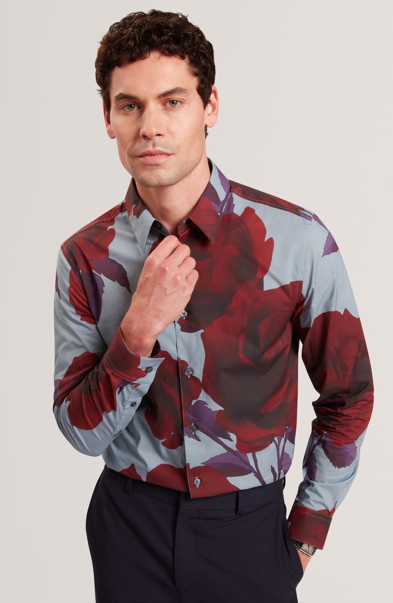 Ted Baker Quorik Floral Print Button-Up Shirt, Alternate, color, Navy