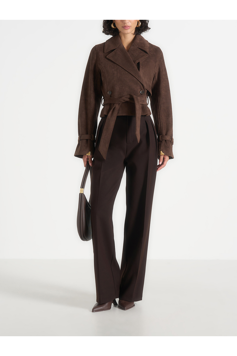 Poppy Belted Cropped Suede Trench Jacket, Alternate, color, Brown