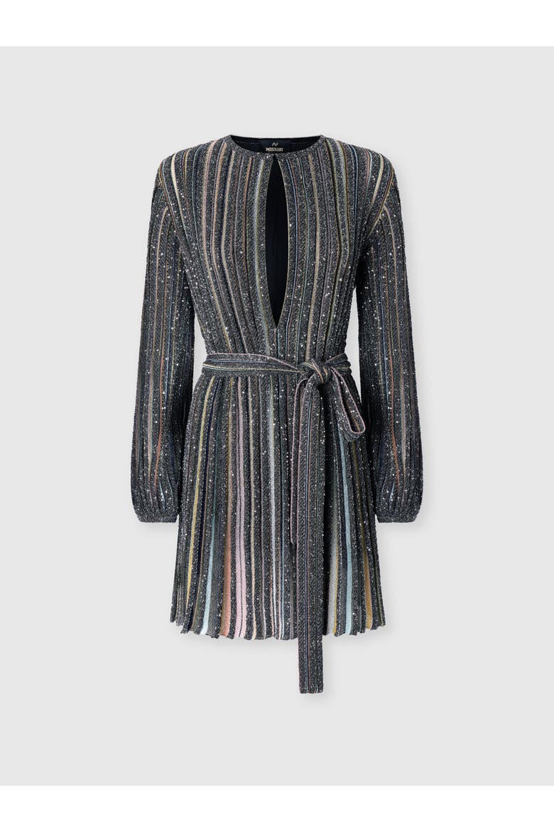 Short Dress With V-neck And Belt, Main, color, Black Multicoloured