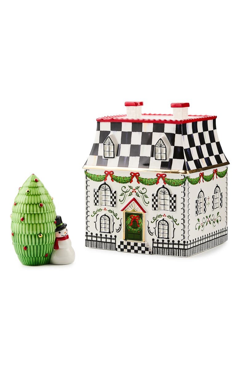 MACKENZIE CHILDS Holly Village Illuminated Ceramic Gingerbread Villa & Tree, Alternate, color, White