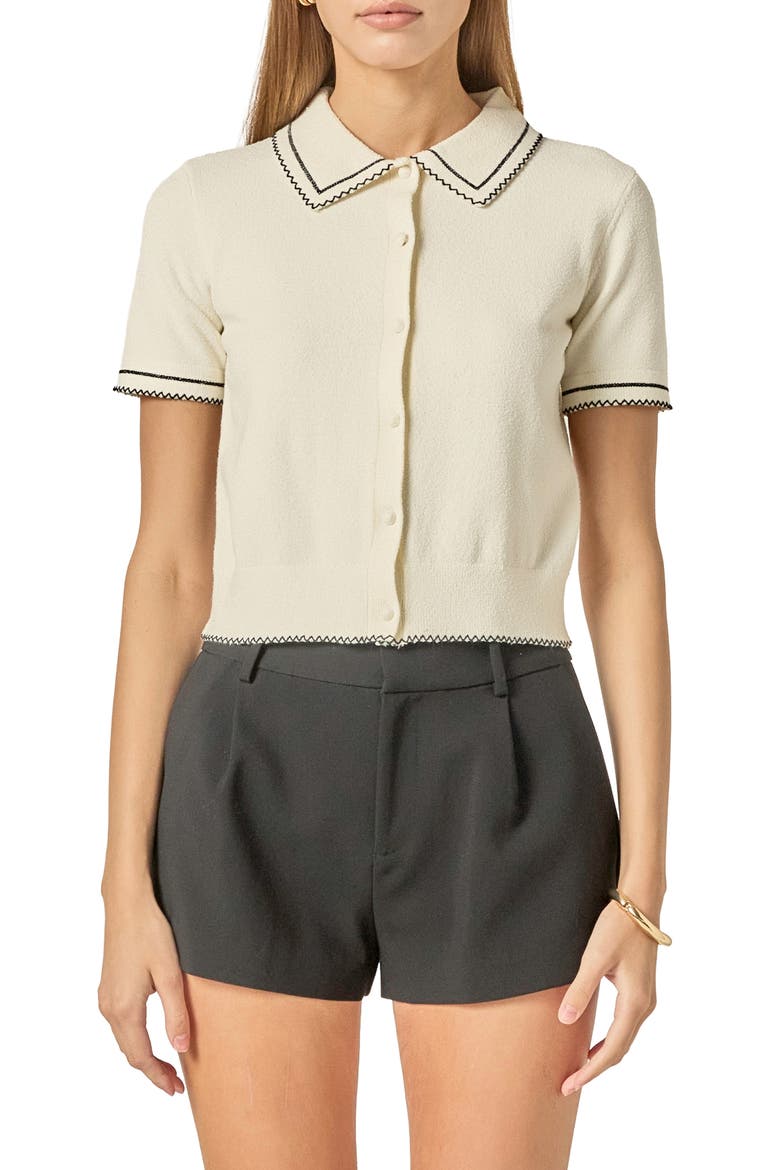 Contrast Stitch Button-Up Sweater, Main, color, IVORY
