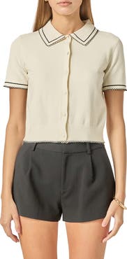 English Factory Contrast Stitch Button-Up Sweater