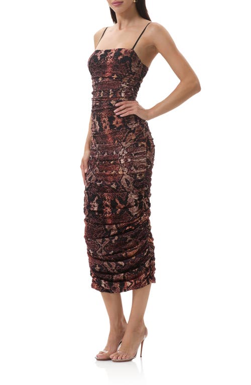 Afrm Hazel Ruched Printed Lace Midi Dress In Brown