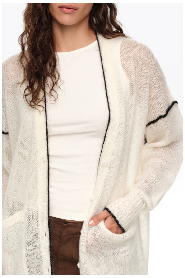 Long Mohair Cardigan with Contrast Trim, Alternate, color, IVORY