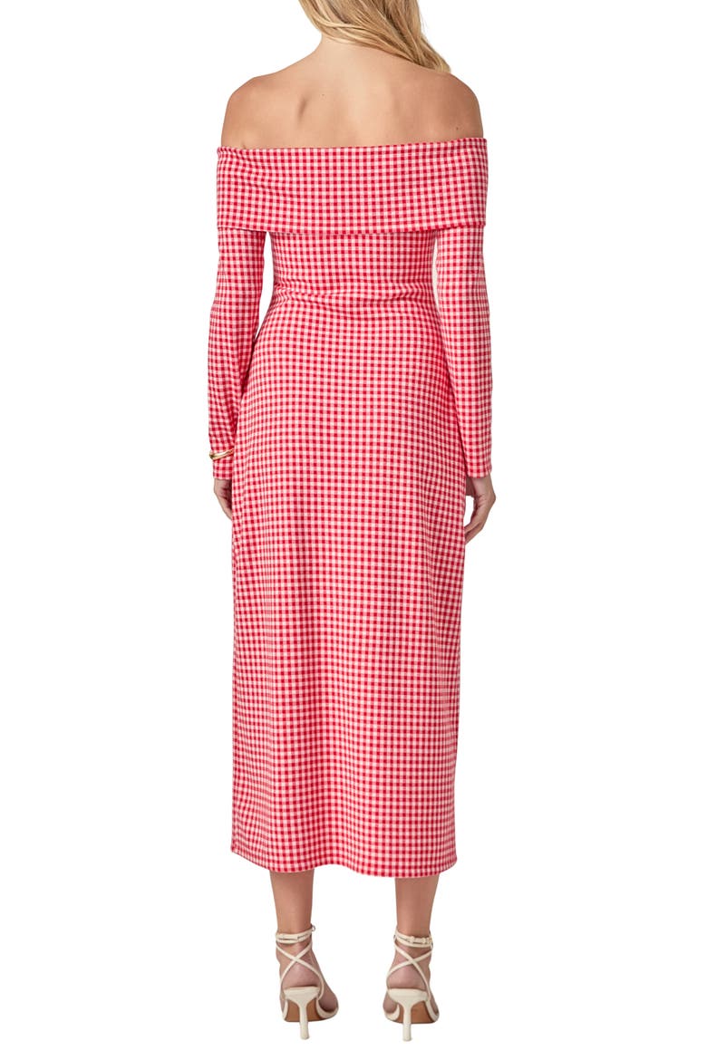 Gingham Long Sleeve Off-the-Shoulder Midi Dress, Alternate, color, RED