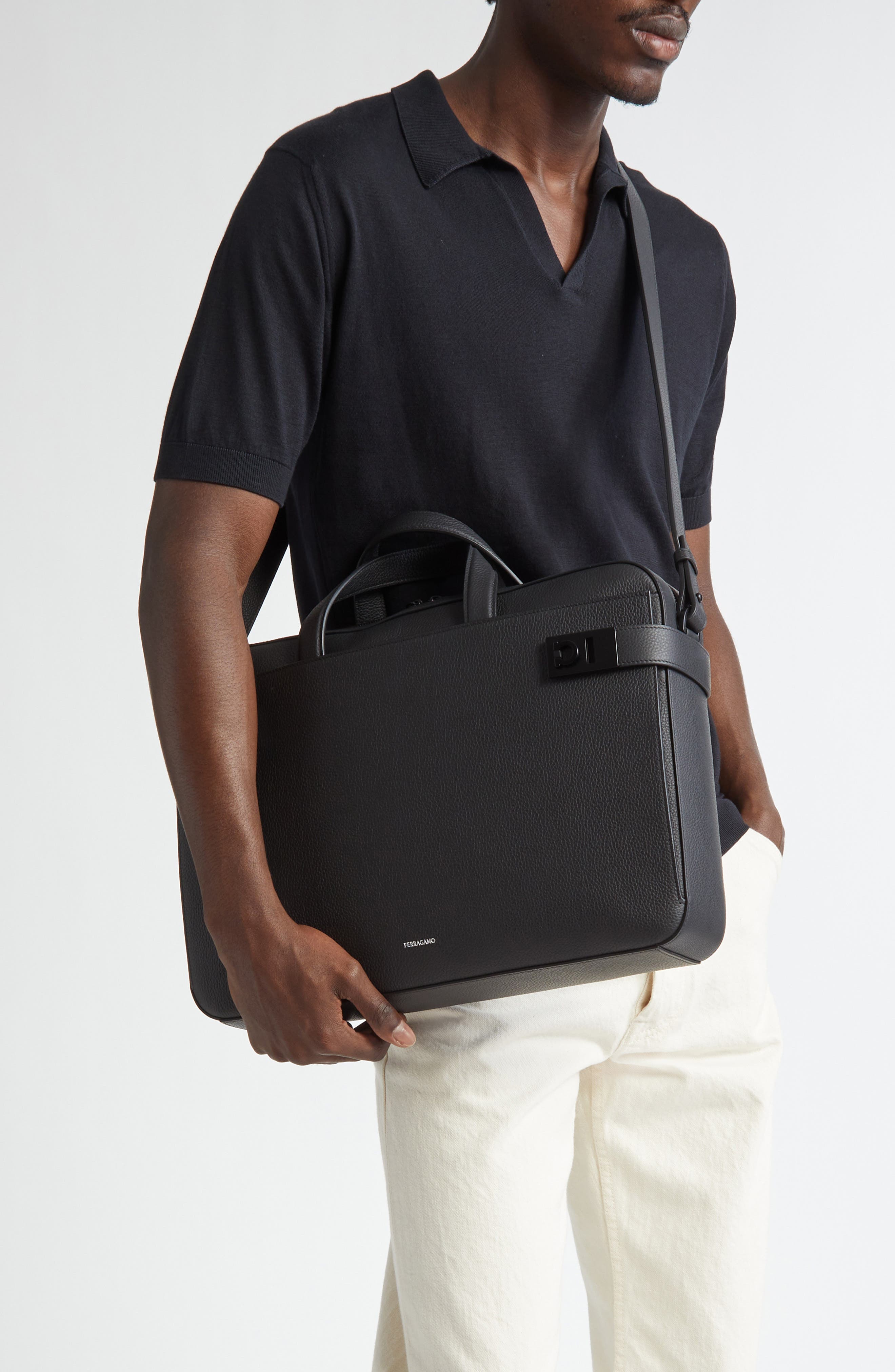 FERRAGAMO Twins Leather Briefcase, Alternate, color, 