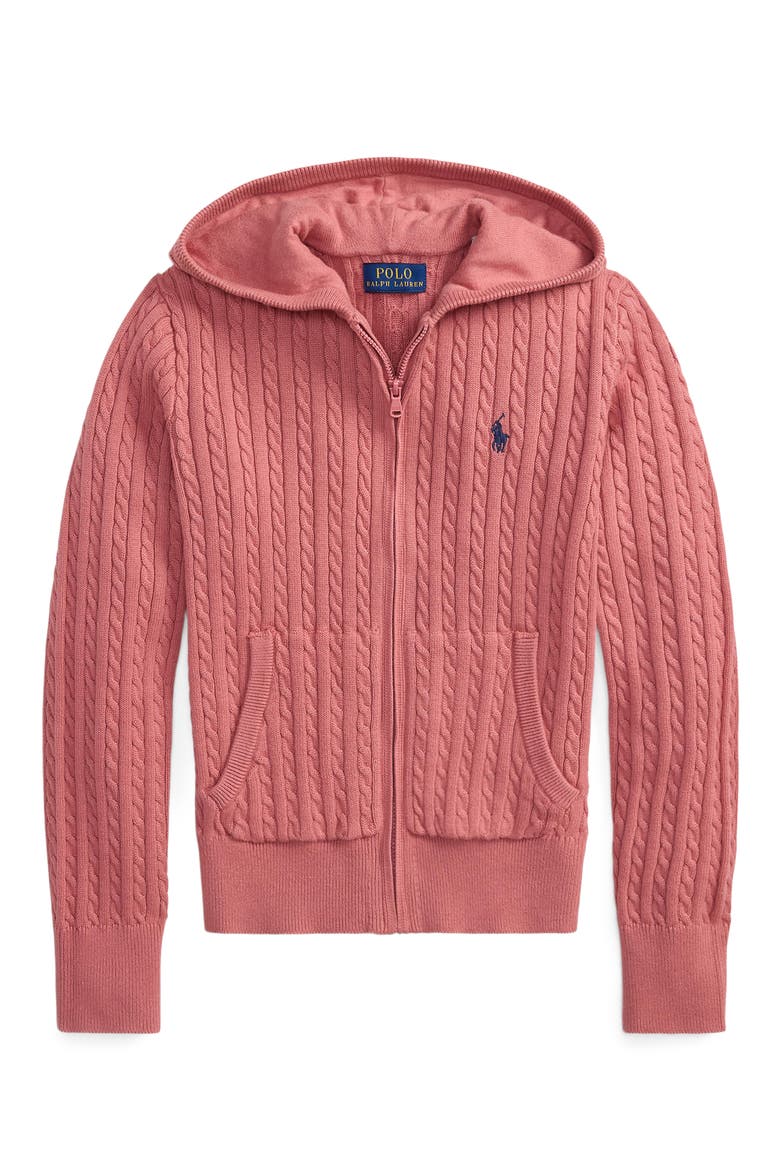Kids' Hooded Cable Stitch Cotton Zip Cardigan, Main, color, PINK