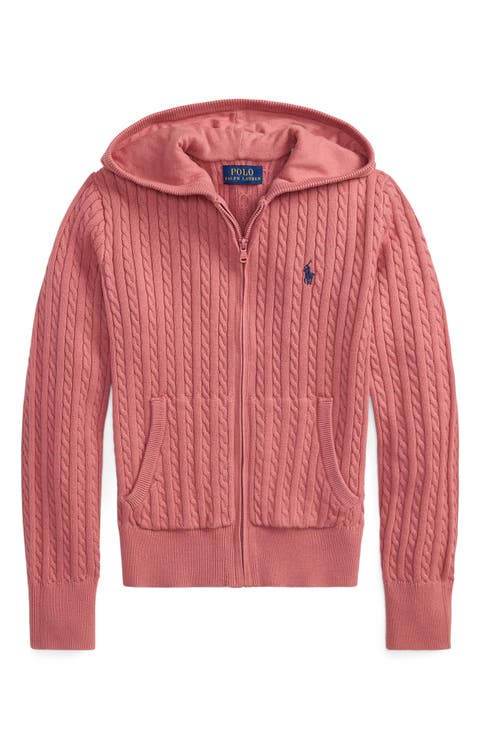 Kids' Hooded Cable Stitch Cotton Zip Cardigan