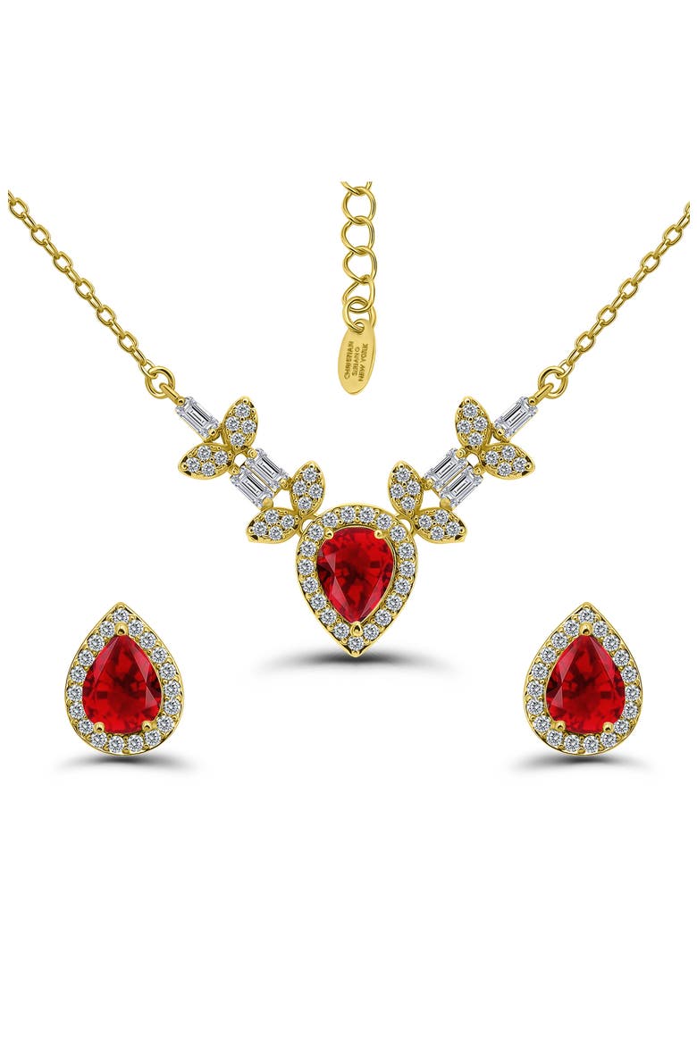 Pear Cubic Zirconia Necklace & Stud Earrings Set, Main, color, GOLD/RED