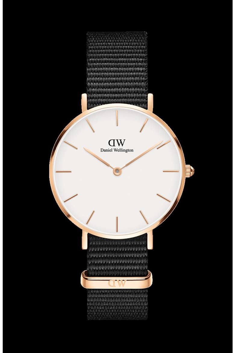 Classic Petite NATO Strap Watch, 32mm, Alternate, color, BLACK/ WHITE/ ROSE GOLD