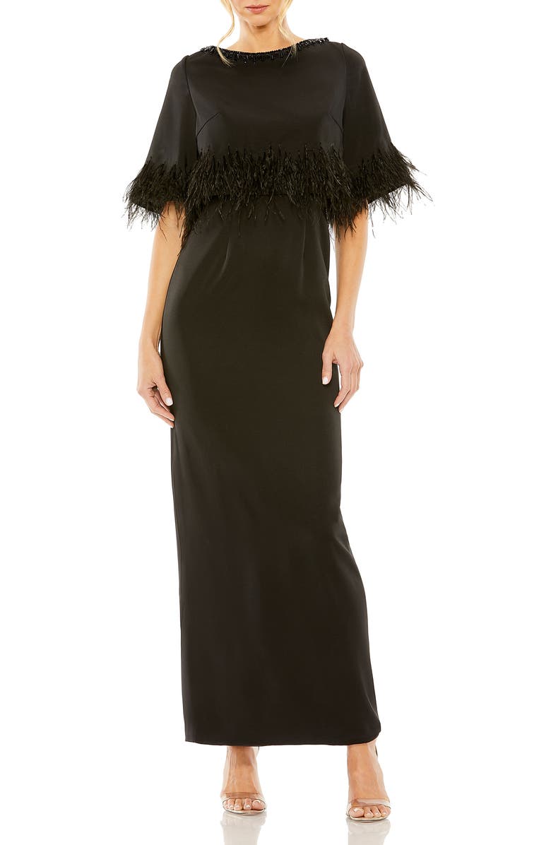Mac Duggal Hand Beaded Crystal Neck Feather Detail Dress, Main, color, Black