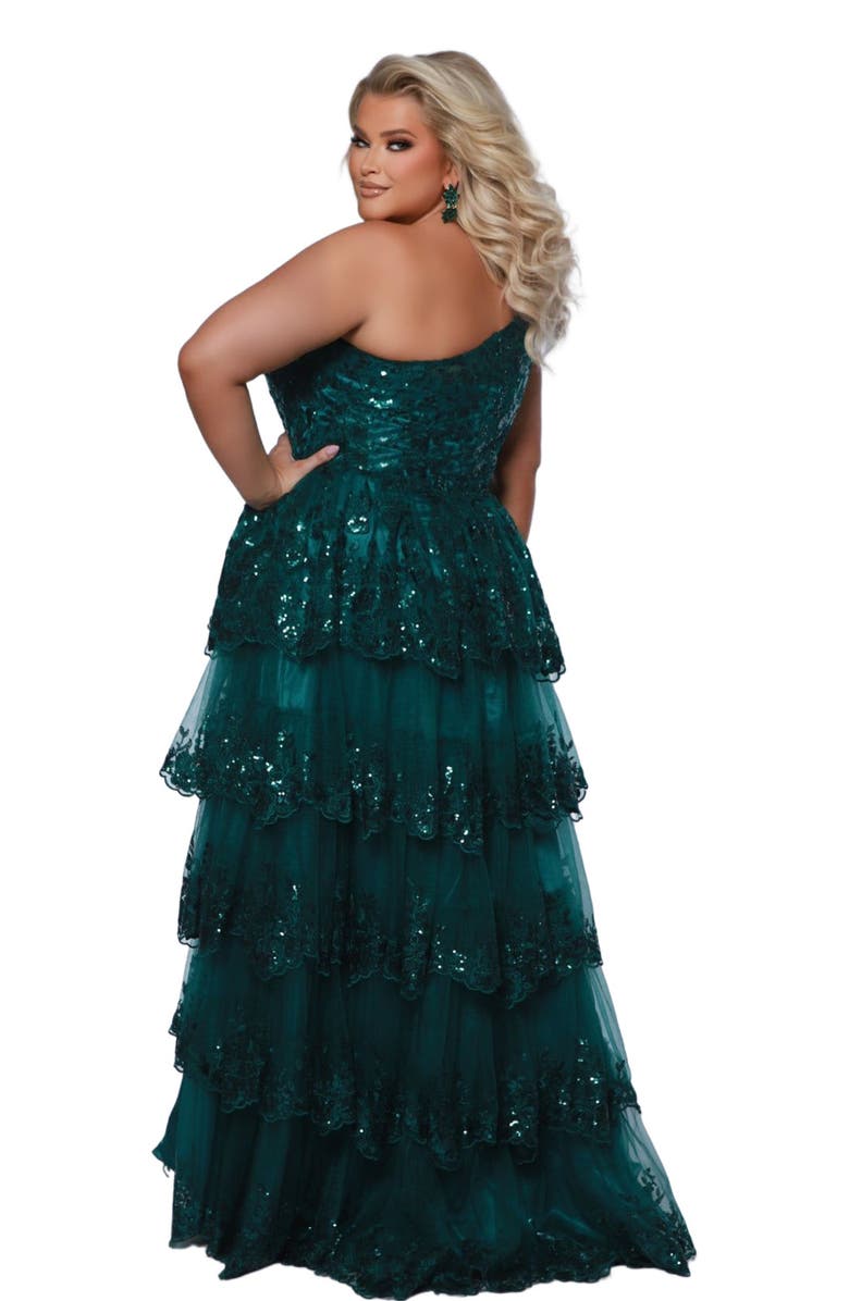 Sydney's Closet One-Shoulder Tiered Plus Size A-Line Gown, Alternate, color, Forest