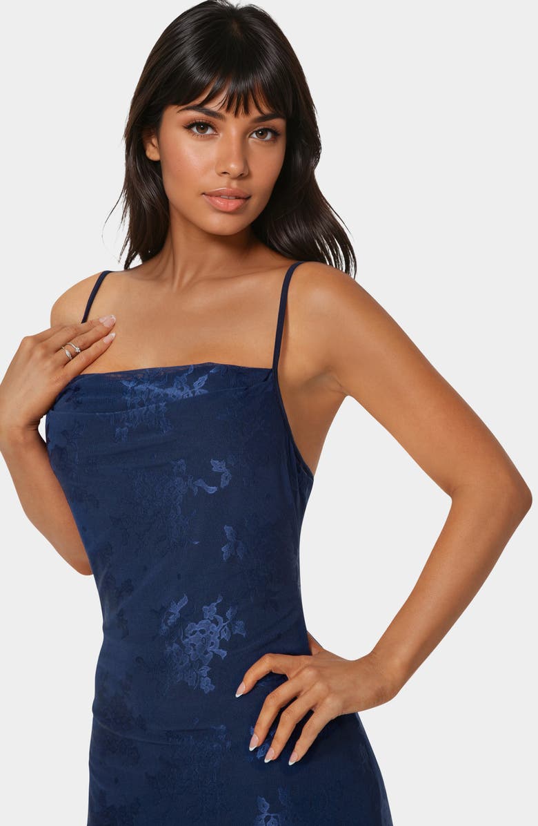 bebe Jacquard Mesh Cowl Neck Dress, Alternate, color, Navy