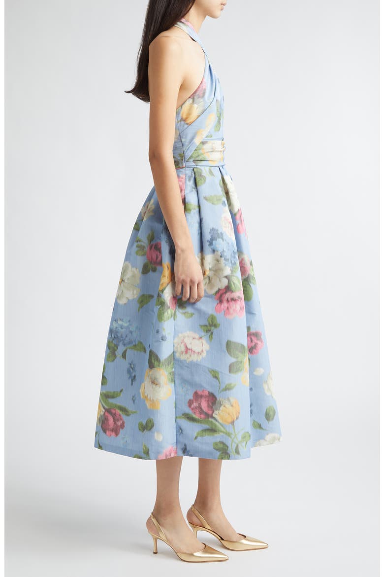 Chiné Floral Print Taffeta Halter Midi Dress, Alternate, color, CLOUDY BLUE MULTI