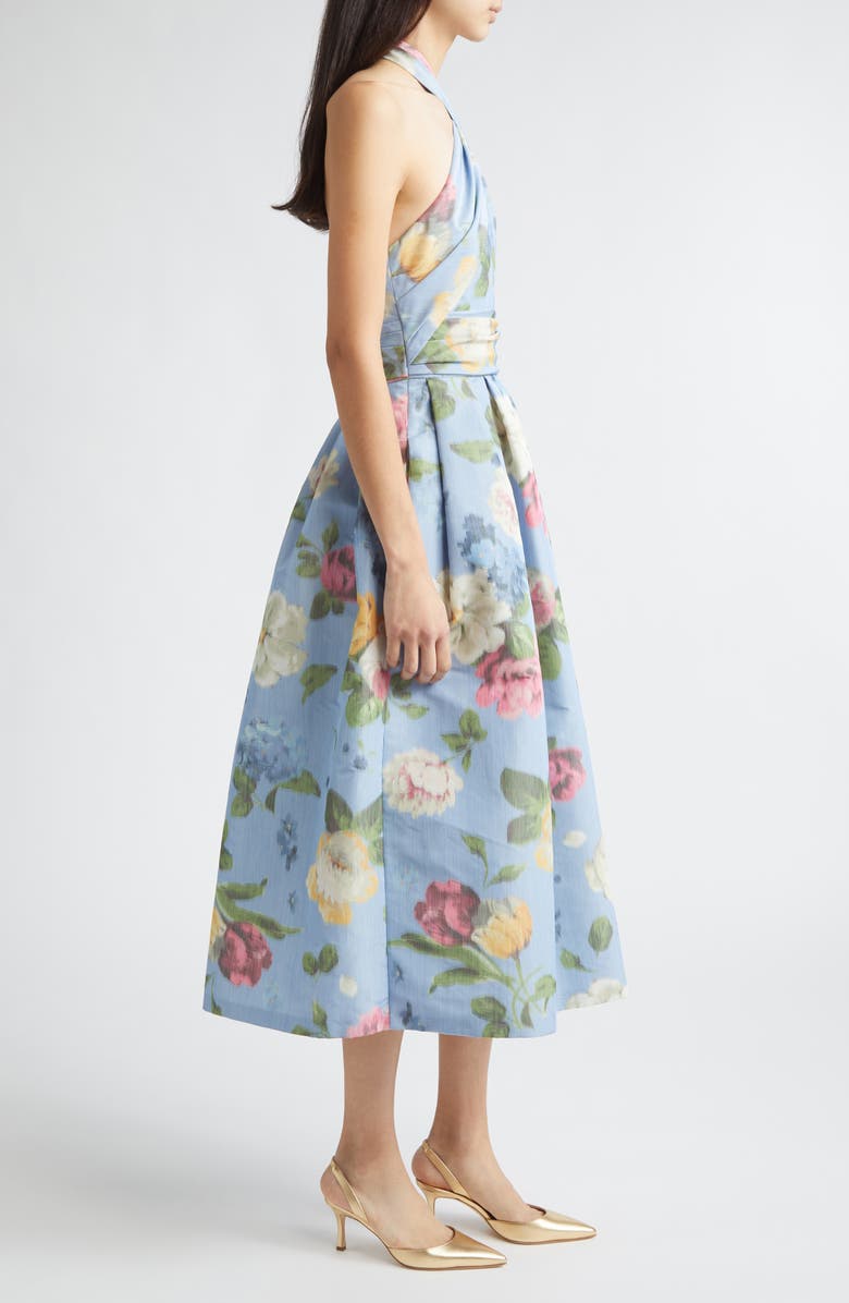 Carolina Herrera Chiné Floral Print Taffeta Halter Midi Dress, Alternate, color, Cloudy Blue Multi
