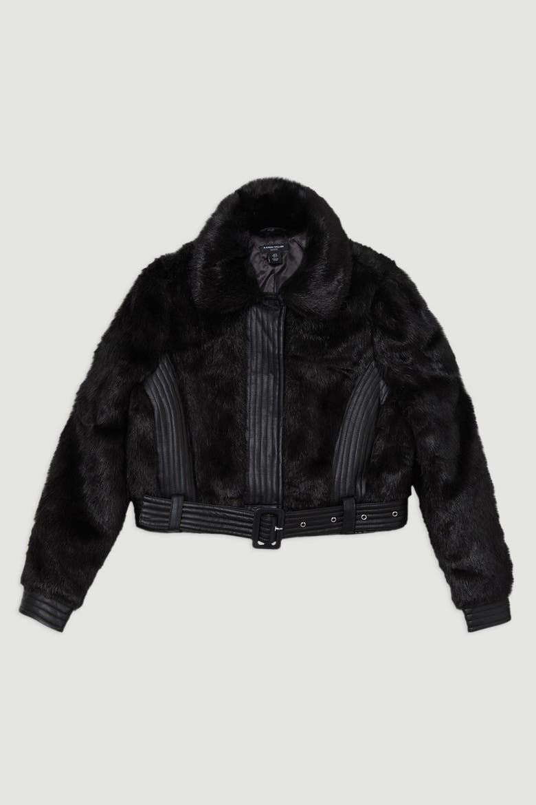 Faux Fur Pu Panel Belted Cropped Jacket, Alternate, color, Black