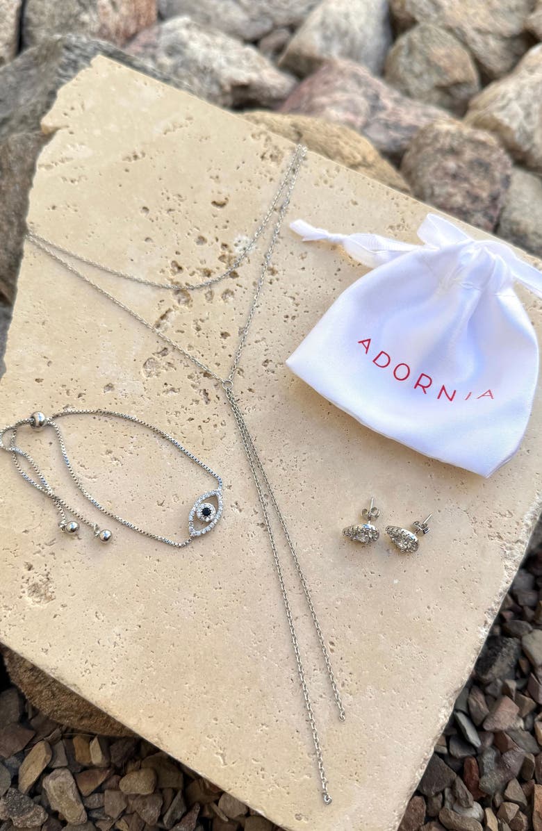 Adornia Layered Lariat Necklace, Evil Eye Bracelet & Halo Teardrop Stud Earrings, Alternate, color, Silver