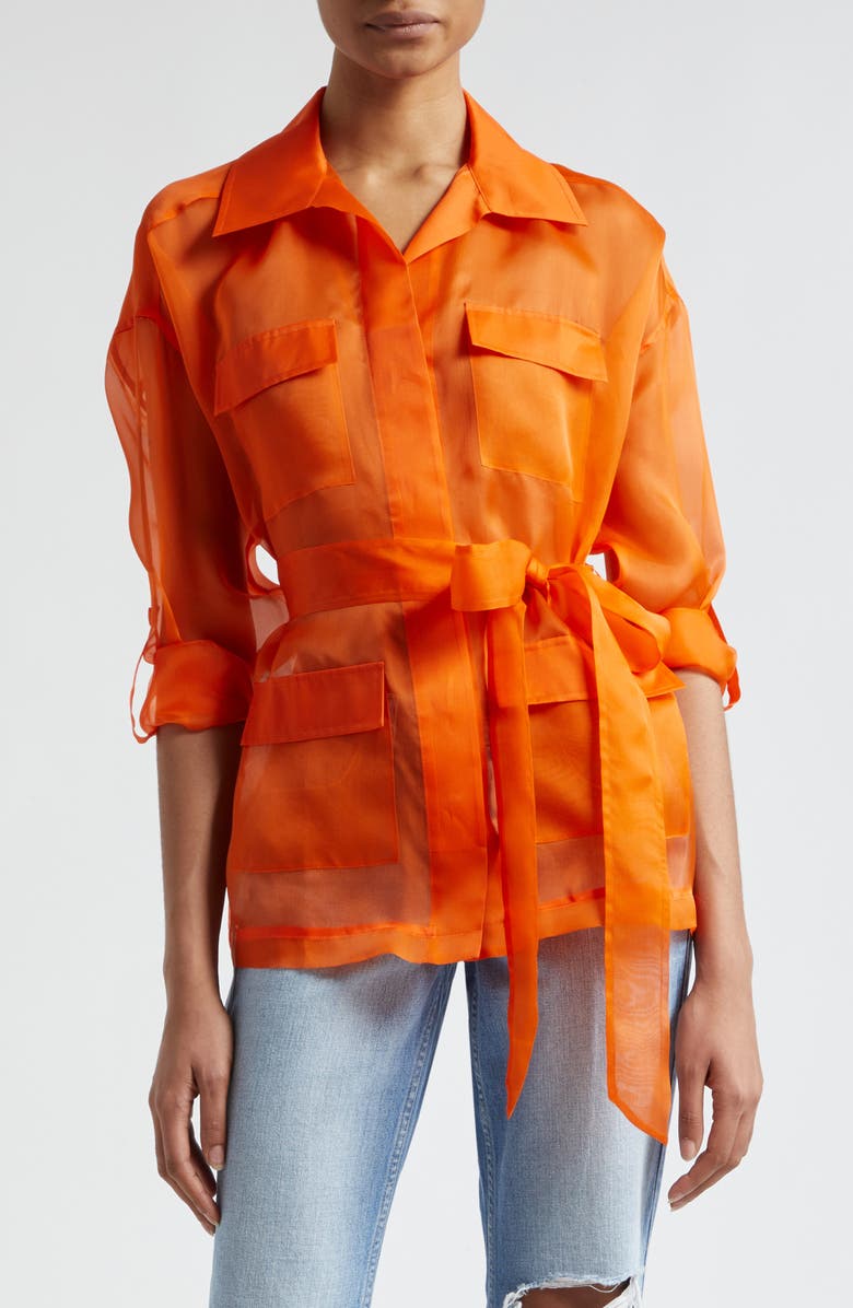 L'AGENCE Colson Tie Belt Silk Organza Safari Wrap Jacket, Main, color, Pop Orange