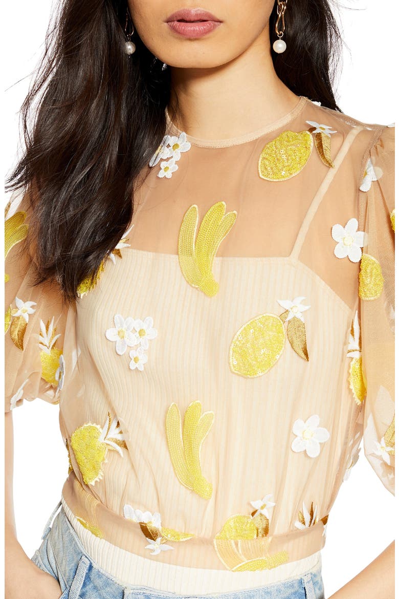 Fruit Floral Mesh Top, Alternate, color, YELLOW MULTI