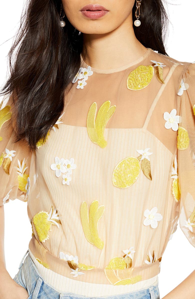 Topshop Fruit Floral Mesh Top, Alternate, color, 