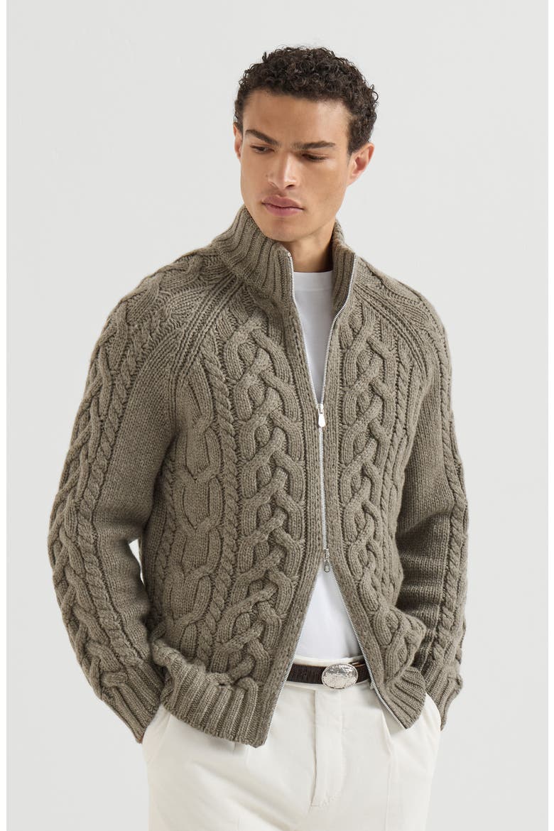 Cable knit cardigan in cashmere Feather yarn with zipper, Main, color, Military