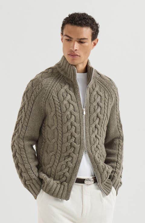 Cable knit cardigan in cashmere Feather yarn with zipper