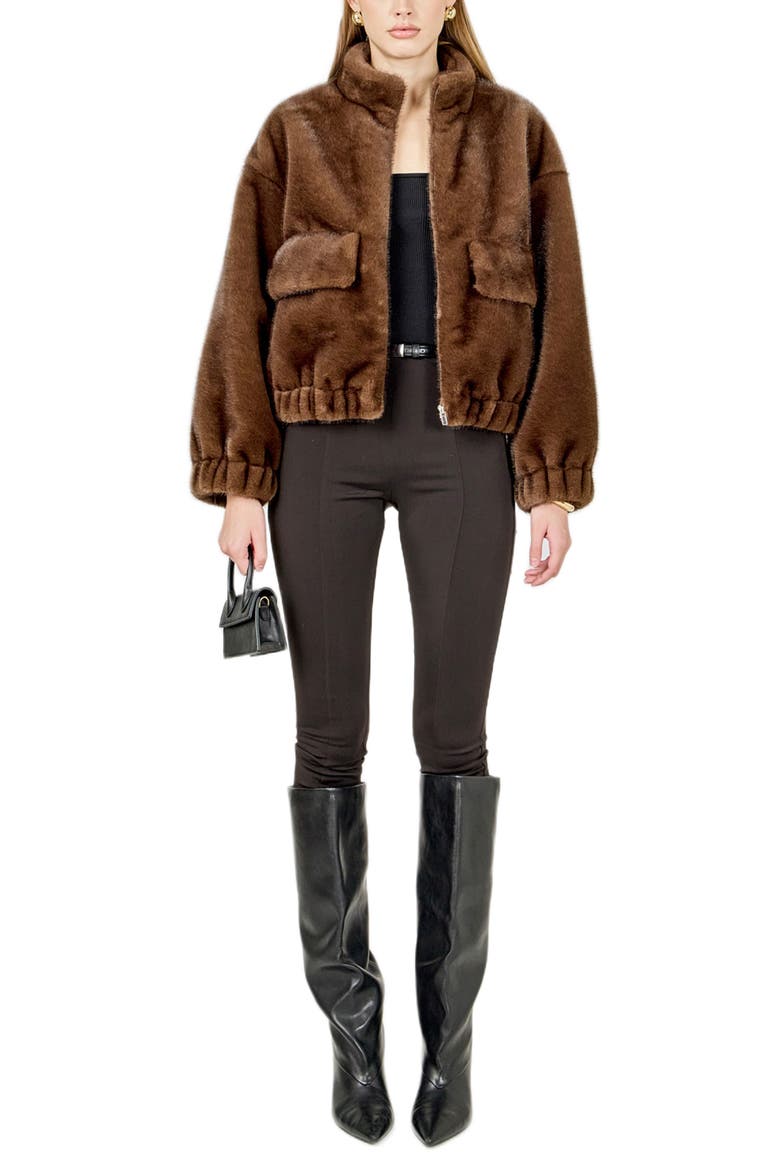 Faux Fur Bomber Jacket, Alternate, color, BROWN