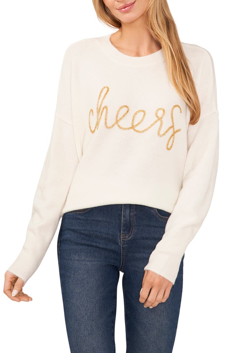 Vince Camuto Cheers Embellished Crewneck Sweater, Main, color, Antique White/ Gold