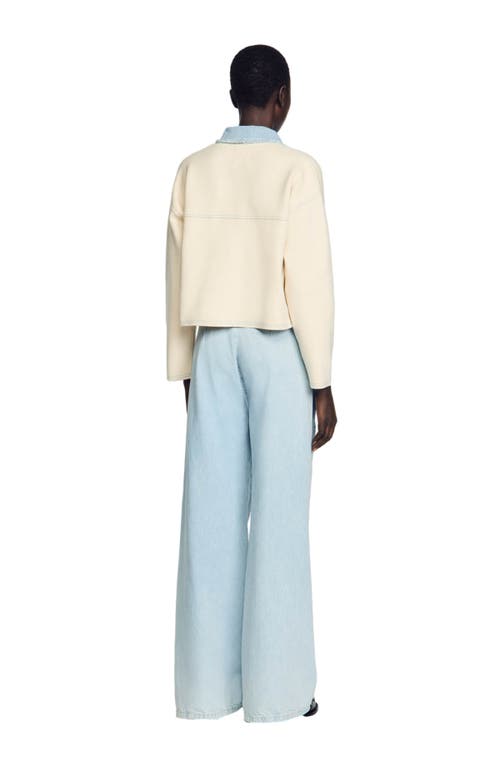 Sandro Dolly Denim Trim Button-up Sweater In Ecru