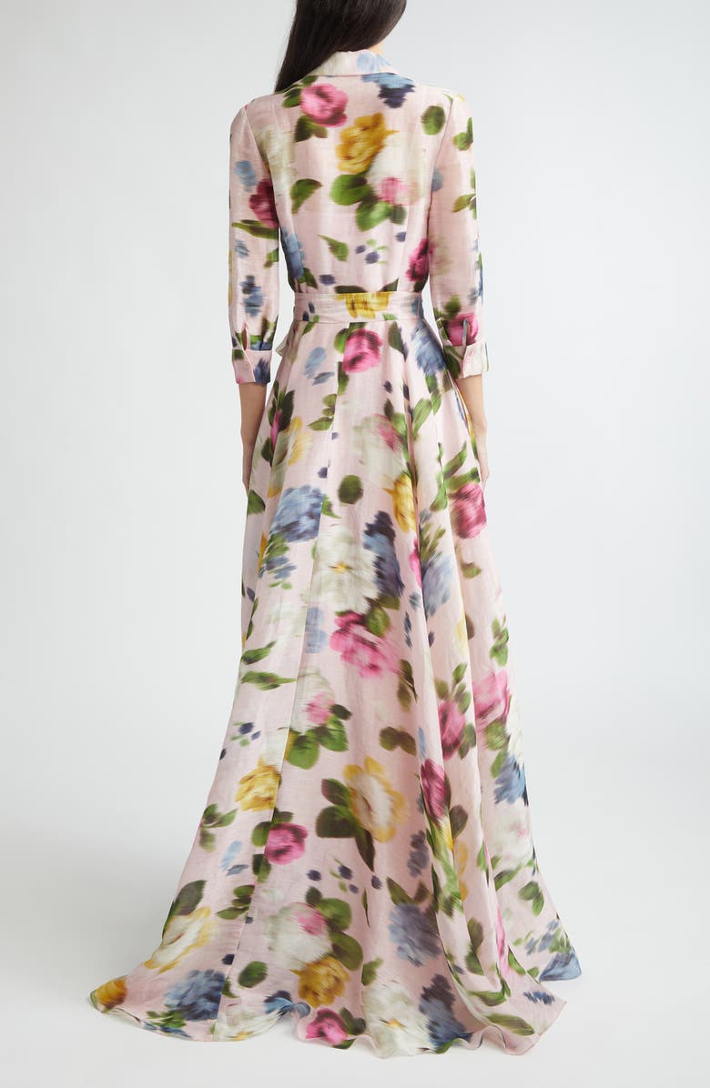 Carolina Herrera Blurred Rose Print Linen & Silk Trench Gown, Alternate, color, Rosewater Multi