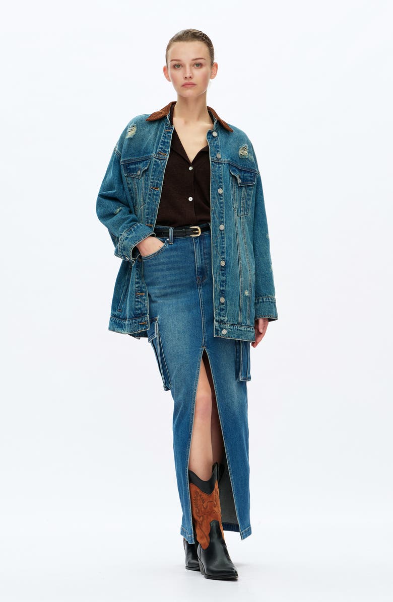 Bayeas Distressed Denim Jacket, Alternate, color, Retro Medium Blue