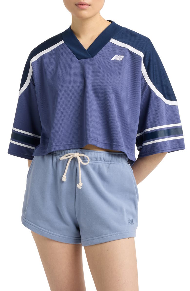 New Balance Oversize Crop Jersey Mesh V-Neck T-Shirt, Main, color, 