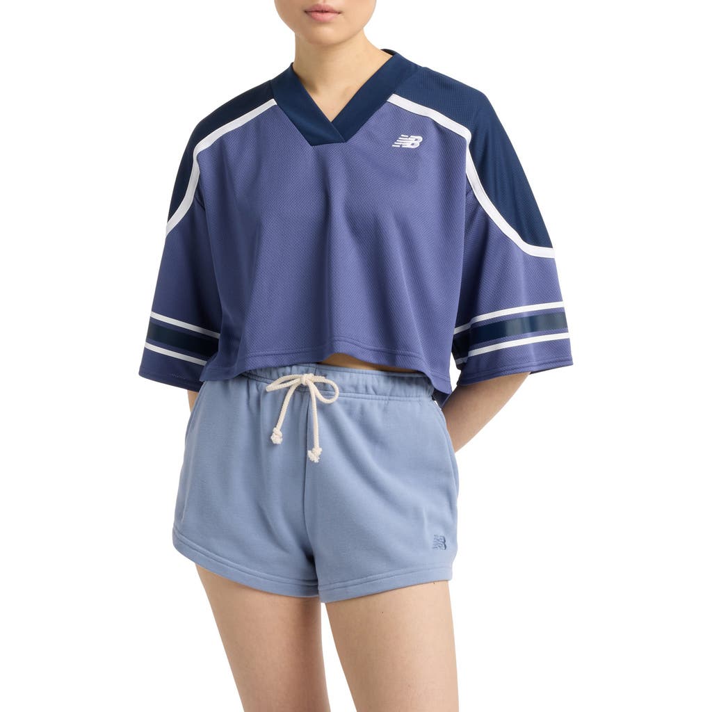 New Balance Oversize Crop Jersey Mesh V-neck T-shirt In Blue