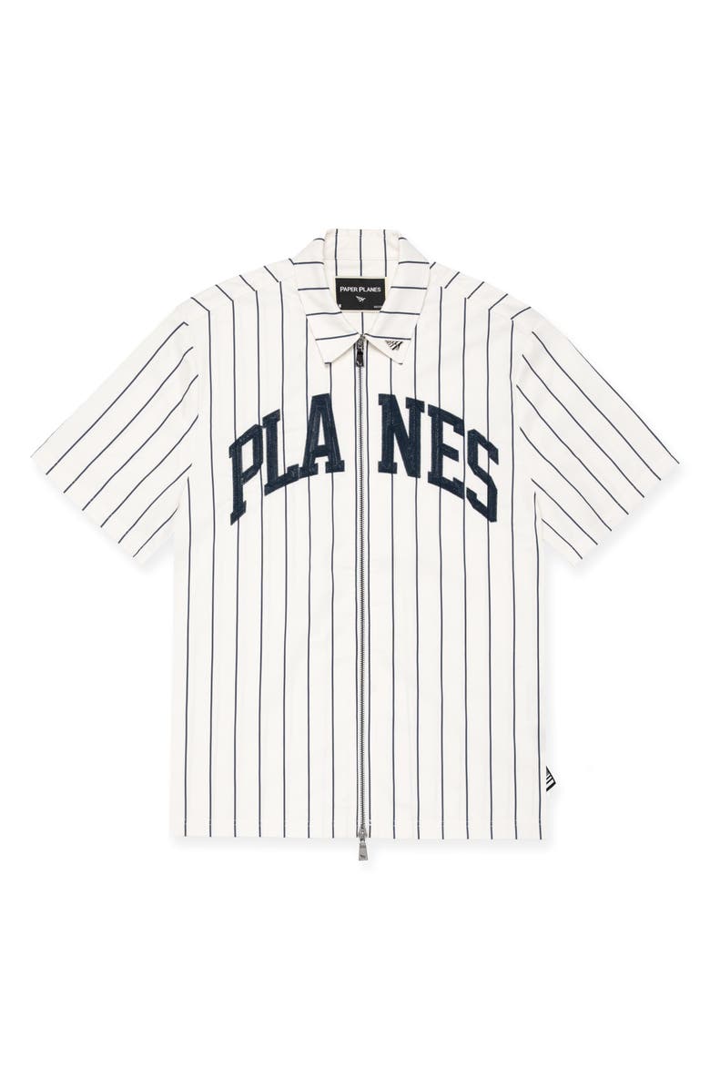 PAPER PLANES Logo Appliqué Pinstripe Work Shirt, Main, color, Cream/ Navy