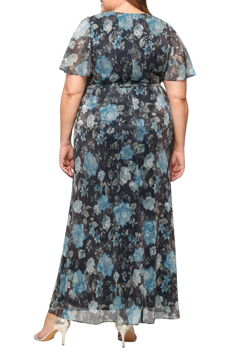 SL FASHIONS Knot Front Flutter Sleeve Chiffon Gown, Alternate, color, Navy Multi