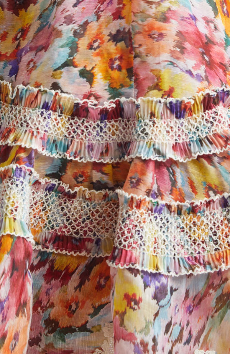 Zimmermann Luna Shirred Silk & Linen Organza Lantern Dress, Alternate, color, Multi Floral