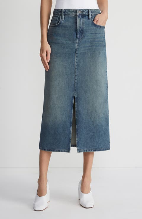Front Slit Denim Midi Skirt