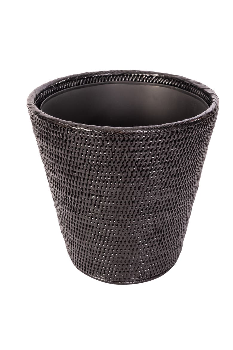 Artifacts Rattan Round Tapered Waste Basket with Metal Liner, Main, color, Tudor Black