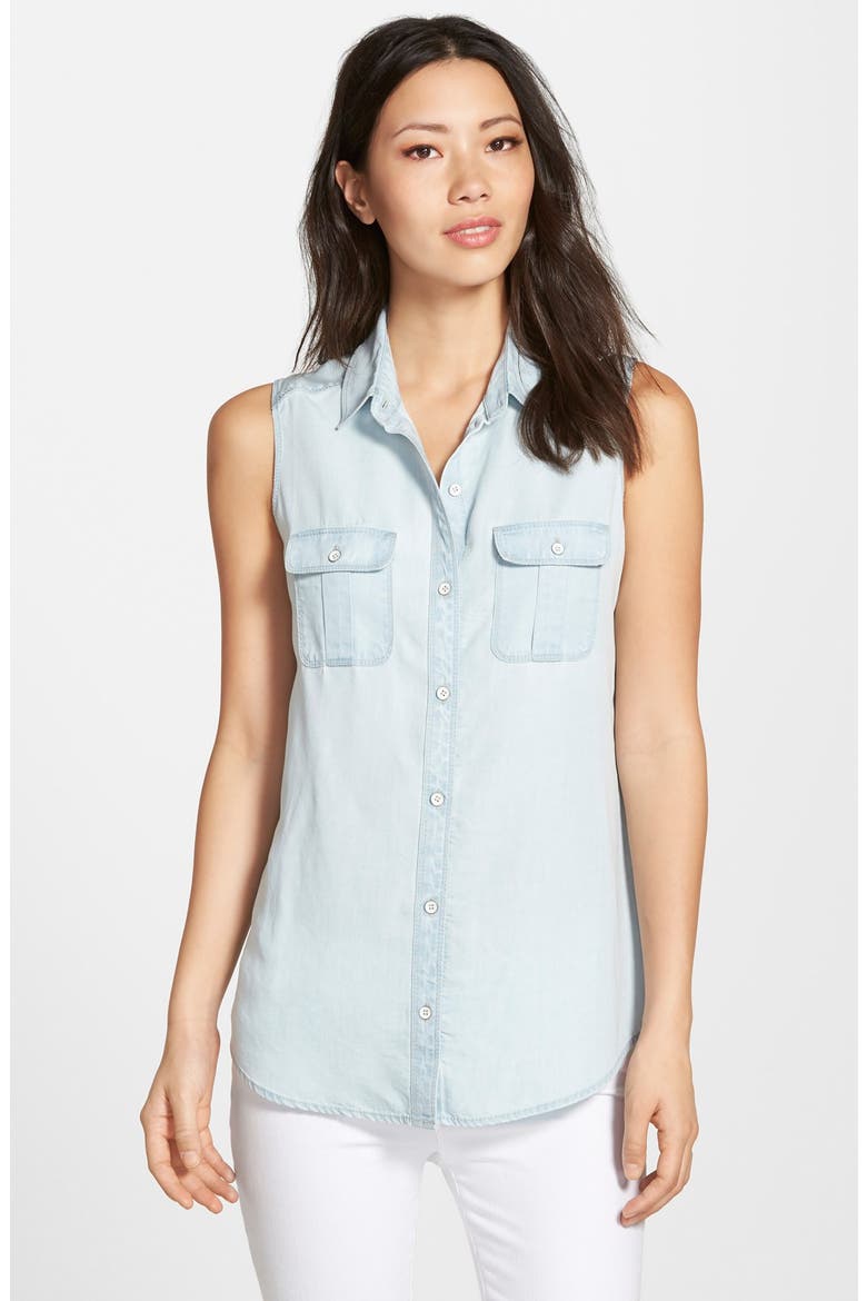 Flyaway Back Sleeveless Denim Shirt, Main, color, SUPER BLEACH
